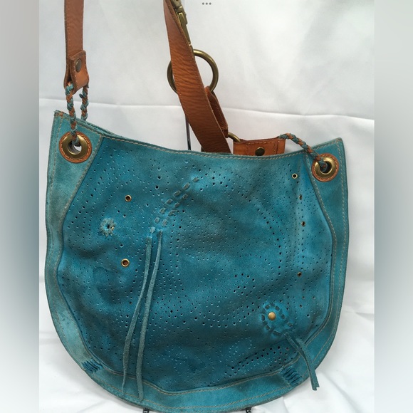 Lucky Brand Laser Cut Perforated Suede Tassel Hippie Hobo Shoulder Handbag - Picture 4 of 8